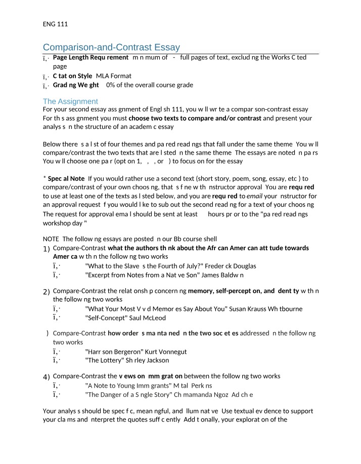 Comparison and Contrast Essay Assignment