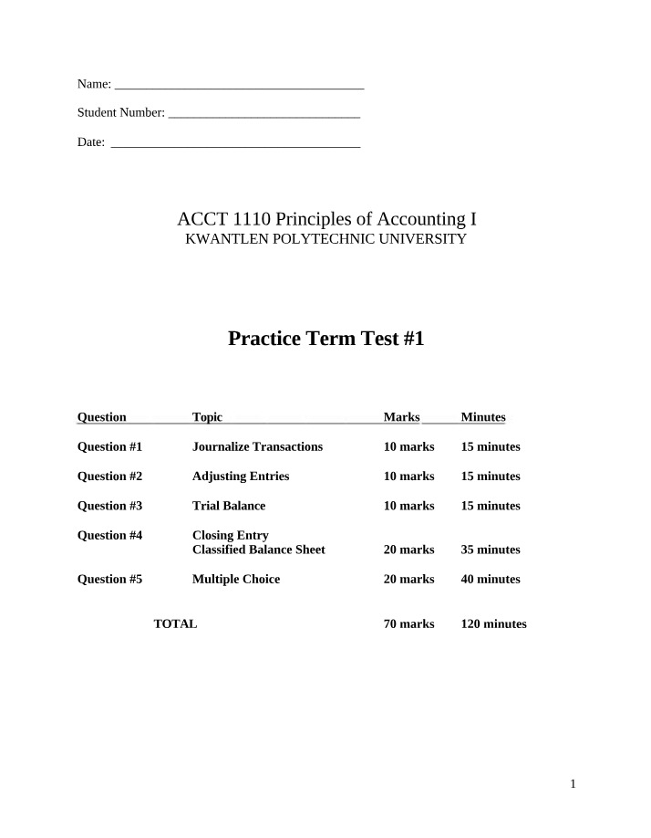 Practice Term Test 1 - Principles of Accounting I