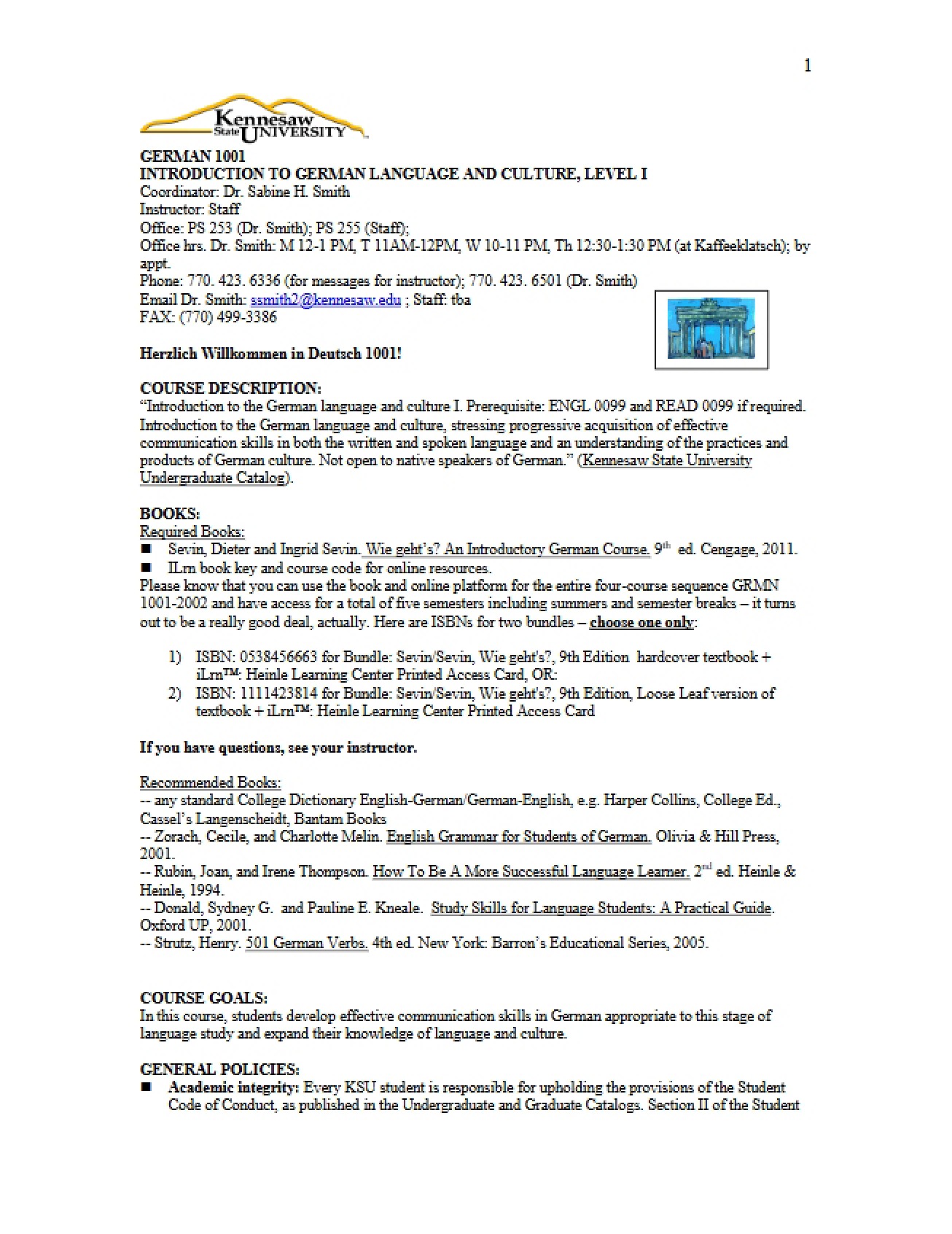 Schedule and Policies for Introduction to German I
