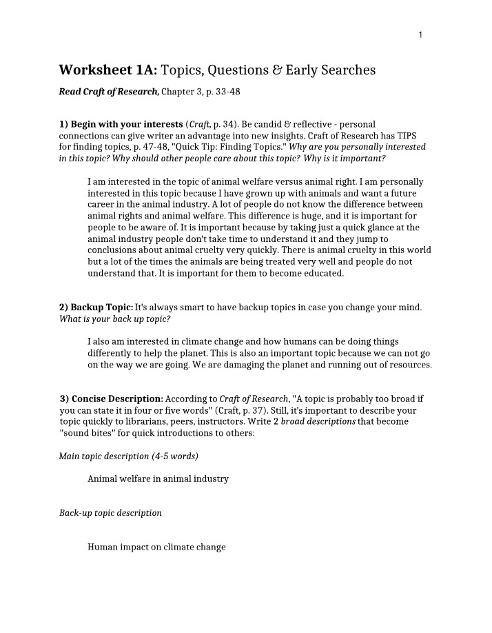 Topics, Questions and Early Searches - Worksheet 1A