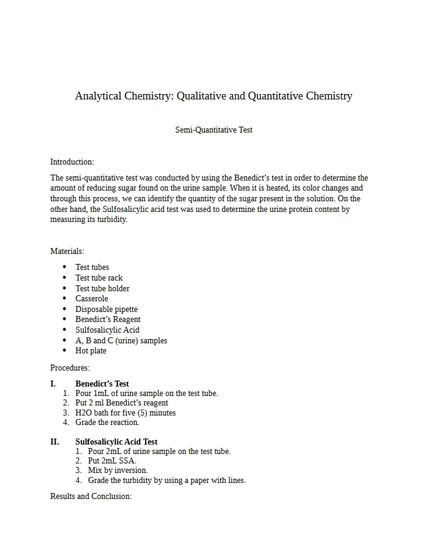 Qualitative and Quantitative Analytical Chemistry