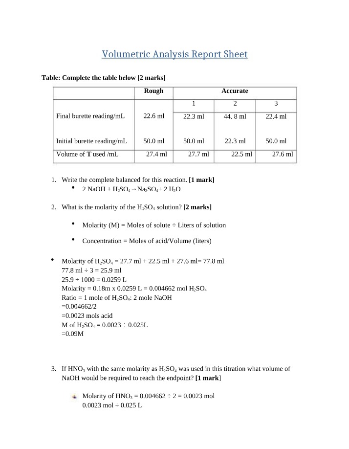 Determining H2SO4 Molarity - Volumetric Analysis Report