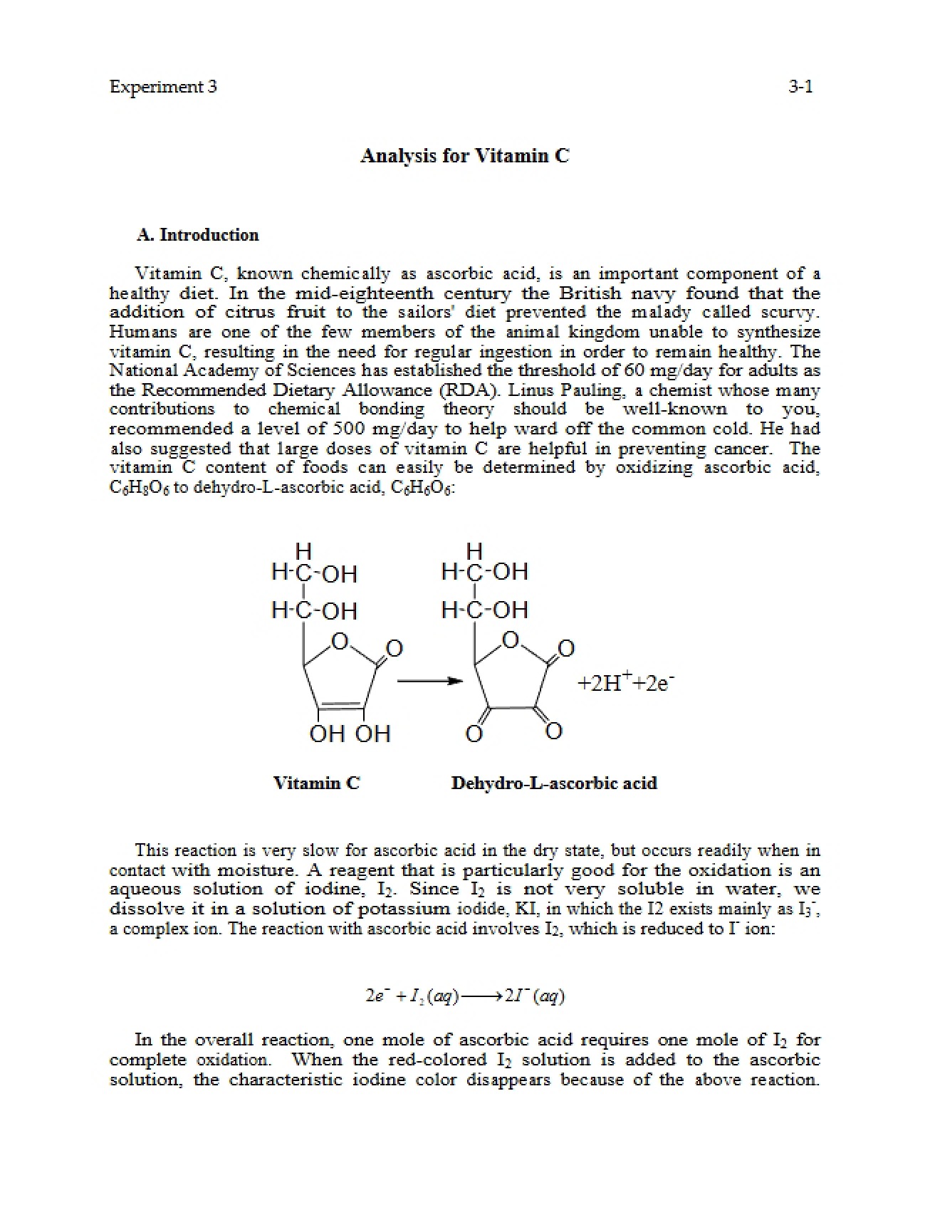 Analysis for Vitamin C (Experiment Three)