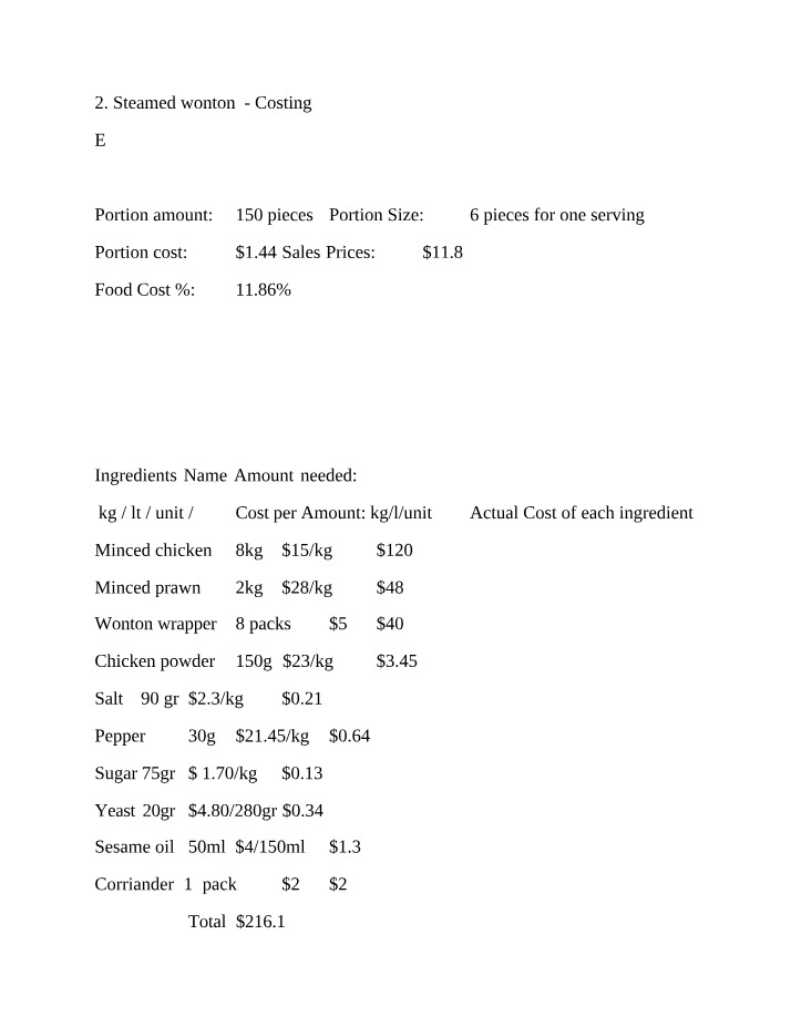 Costing for Steamed Wonton