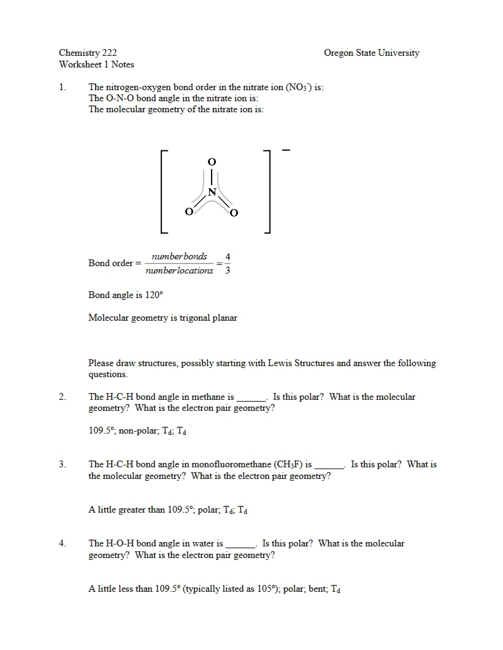 Notes for Worksheet 1 (CH 222)