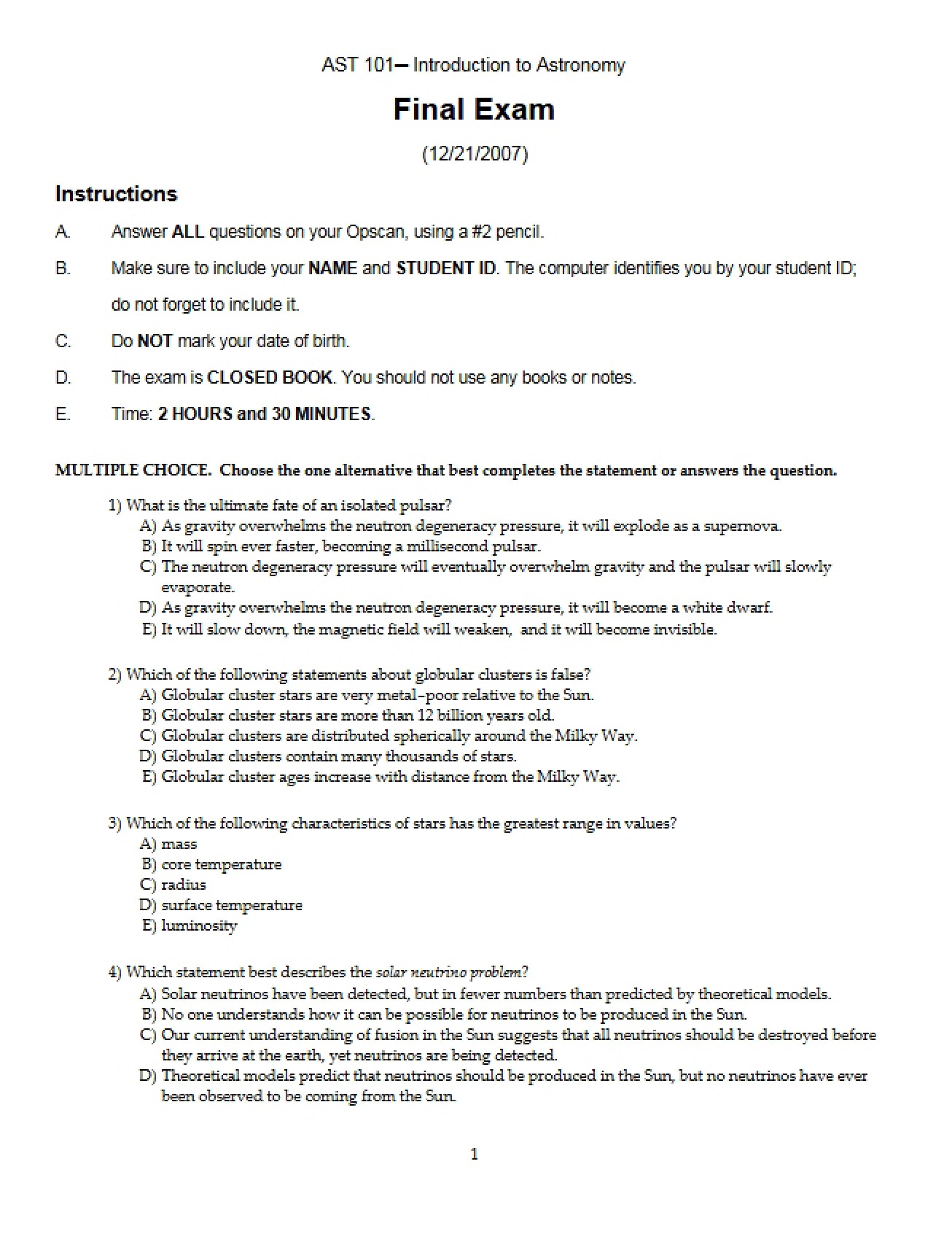 Final Exam for an Overview of Modern Astronomy