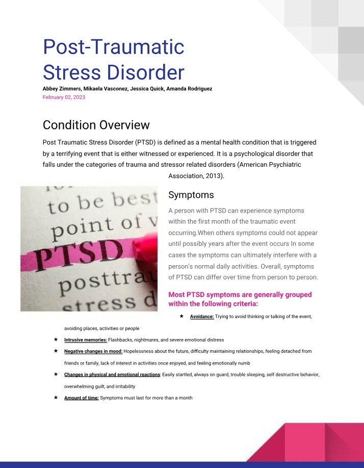 Symptoms of Post-Traumatic Stress Disorder (PTSD)