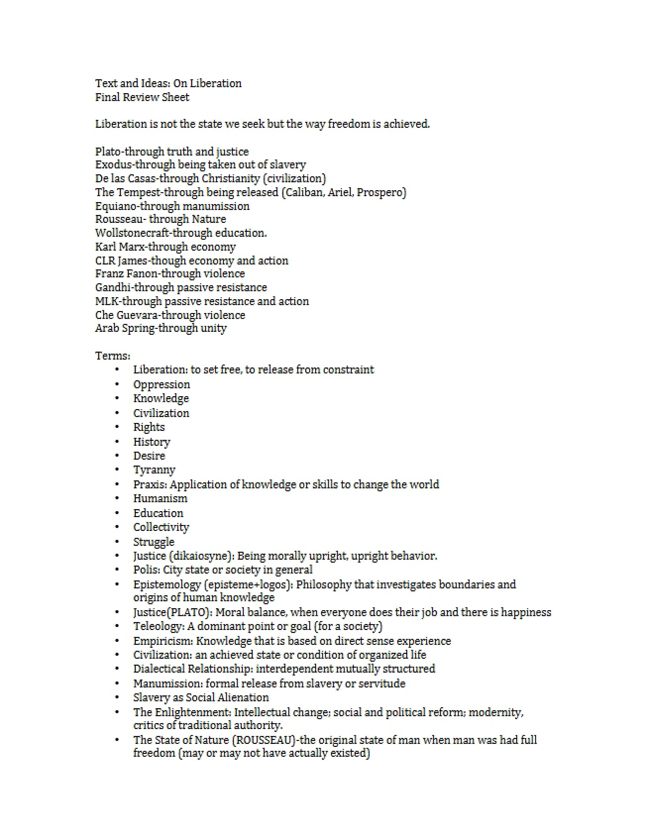 Review Sheet for Final Exam