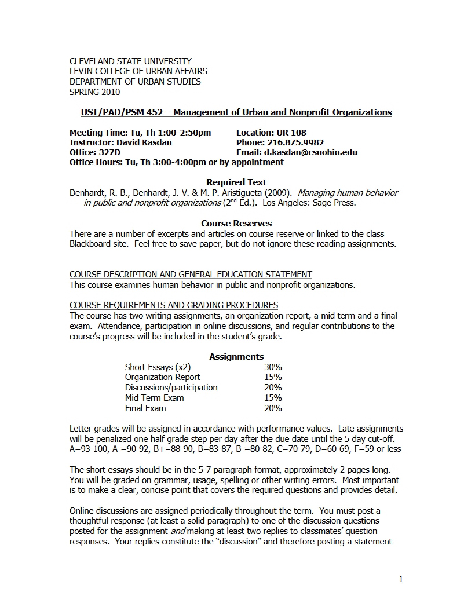 Syllabus Management of Nonprofit and Urban Organizations - Mngmt of Urban & Nonprofit Org