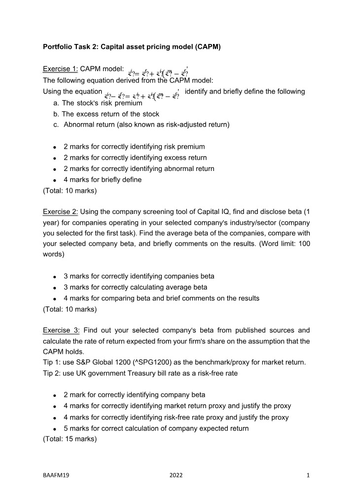 Portfolio Task 2 - Capital Asset Pricing Model (CAPM)