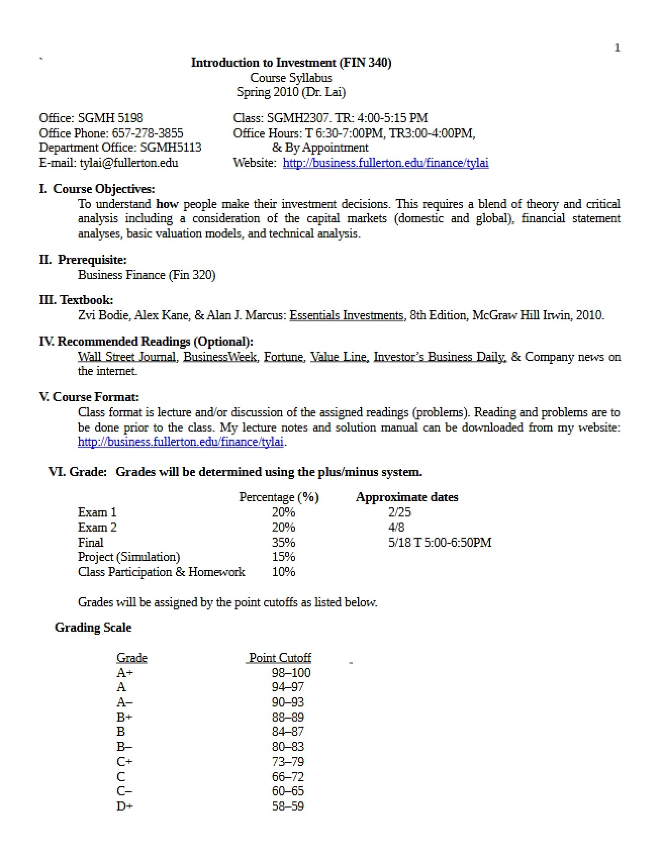 Syllabus for Introduction to Investments