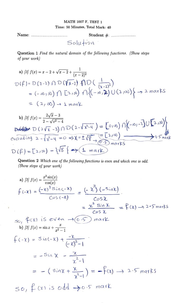 Test 1 Solutions for MATH 1007 F