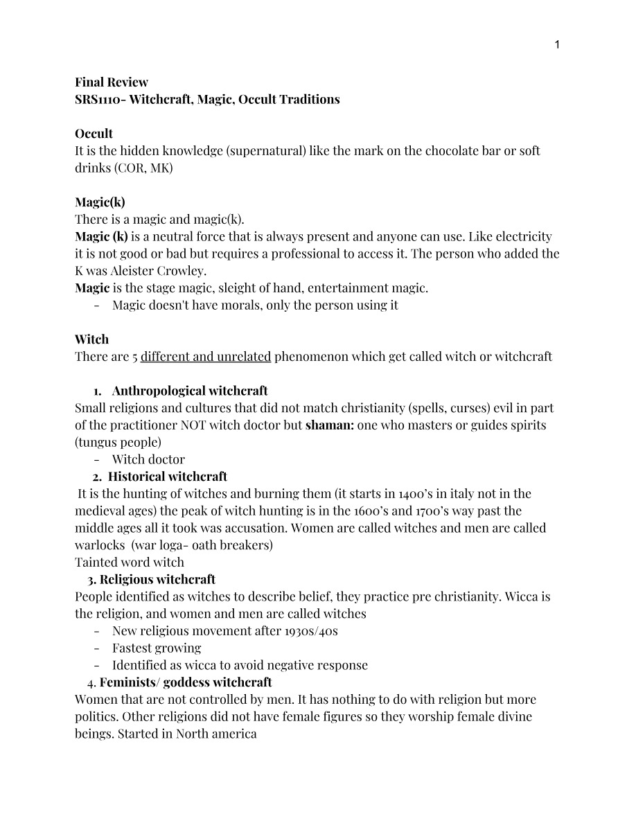 Witchcraft, Magic, and Occult Traditions Final Review (SRS1110)