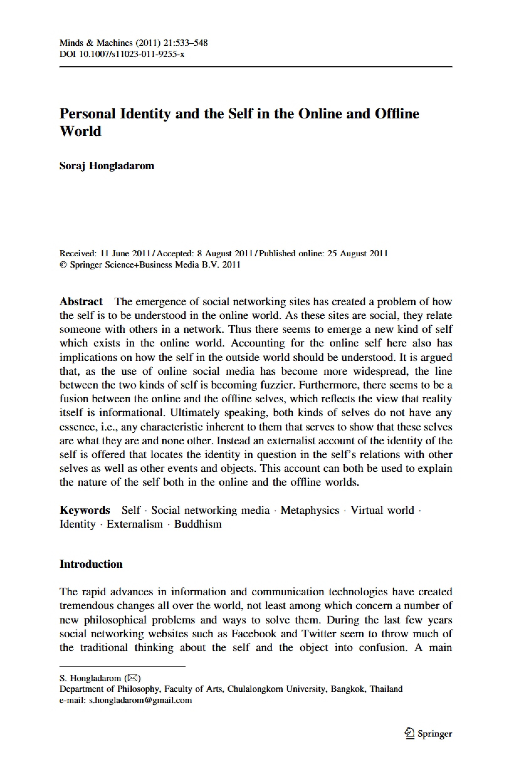 Offline and Online Self Identity