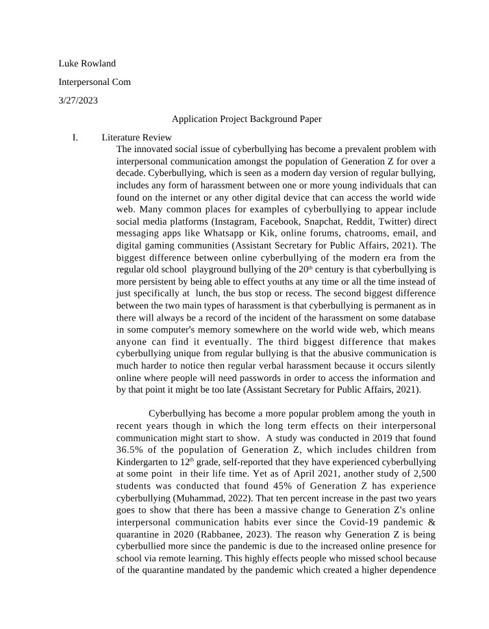 Background Paper for Application Project