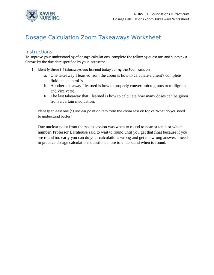 Worksheet for Dosage Calculation Zoom Takeaways