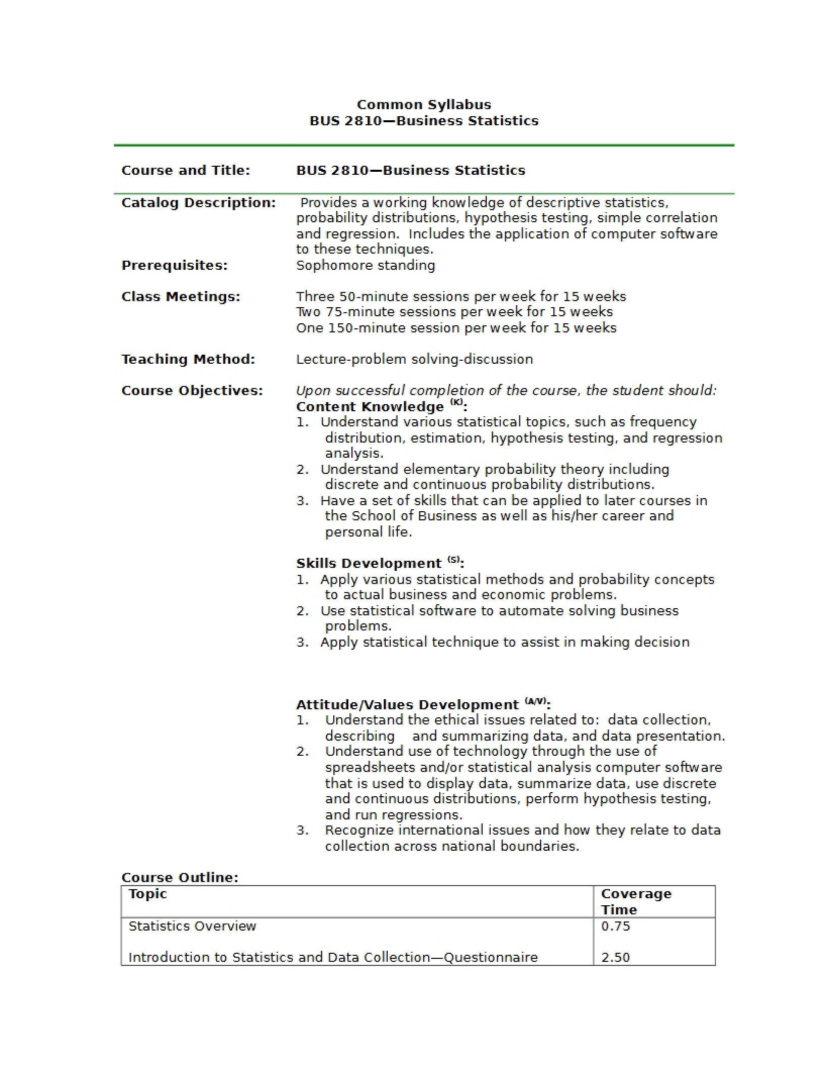 Business Statistics I Syllabus