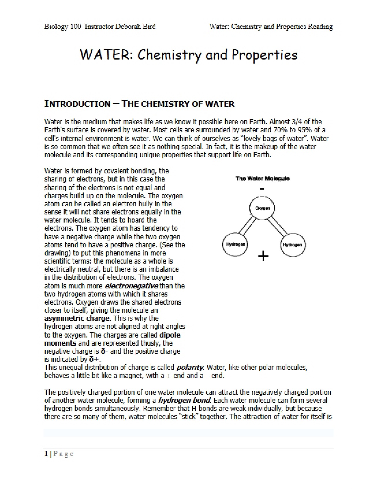 Properties and Chemistry of Water