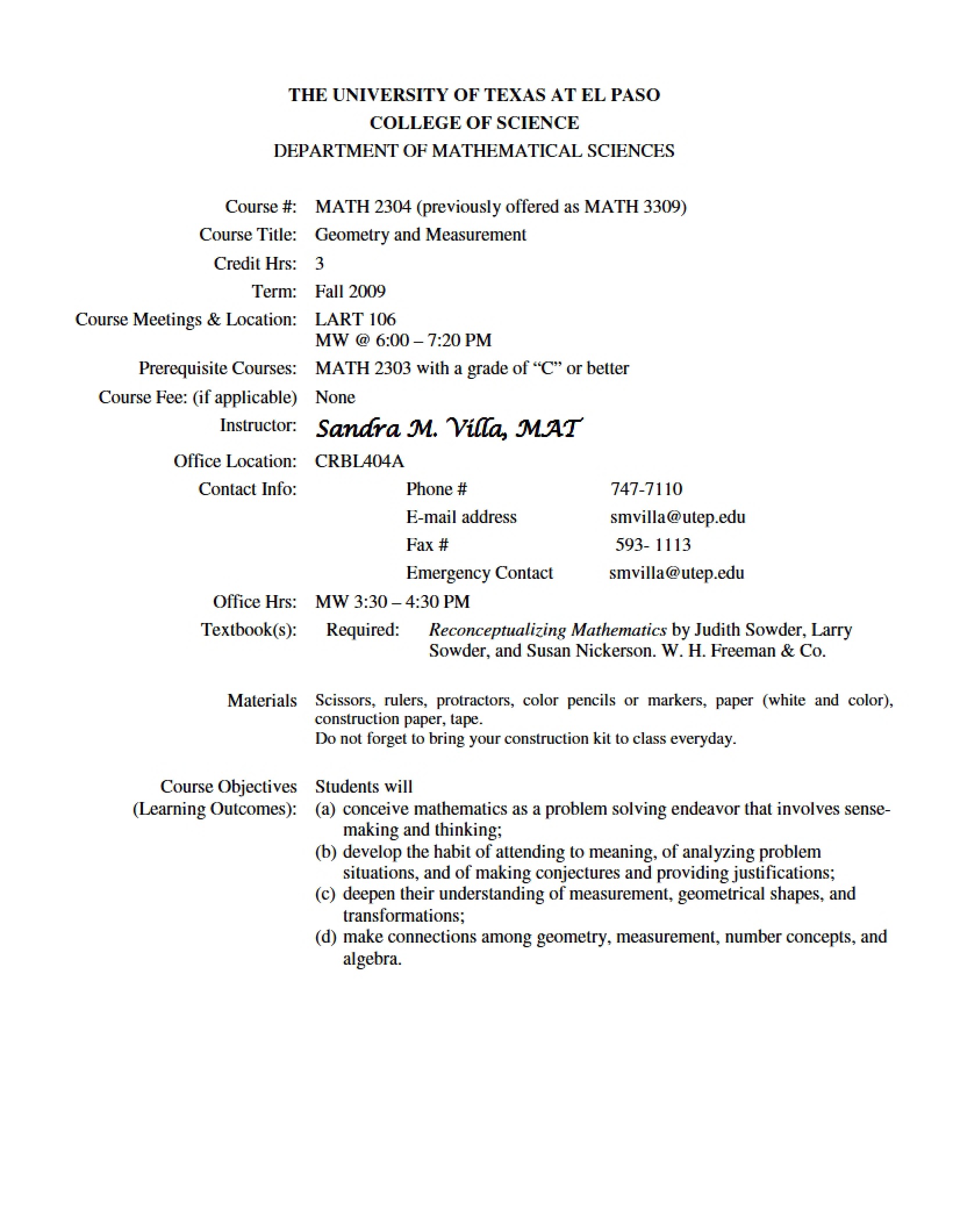 Geometry and Measurement Syllabus - 5 Pages