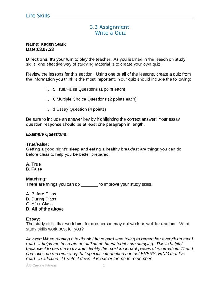 Write a Quiz - Life Skills Assignment