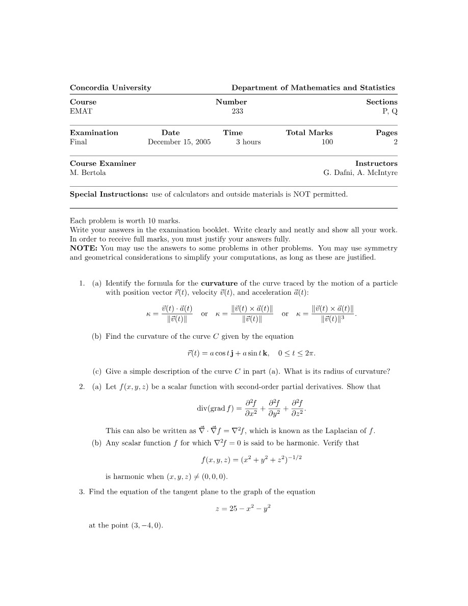 ENGR 233 Final Exam - December 15, 2005