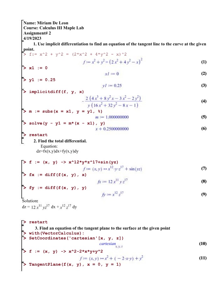 Maple Lab Assignment 2 - Calculus III