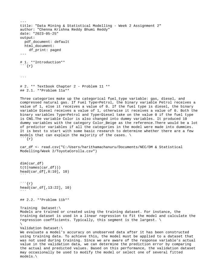 Week 2 Assignment 2 - Data Mining & Statistical Modelling