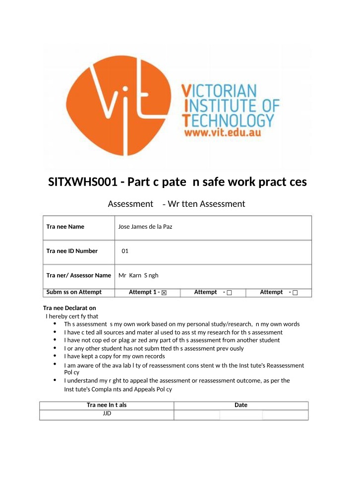Assessment Guide for Safe Work Practices