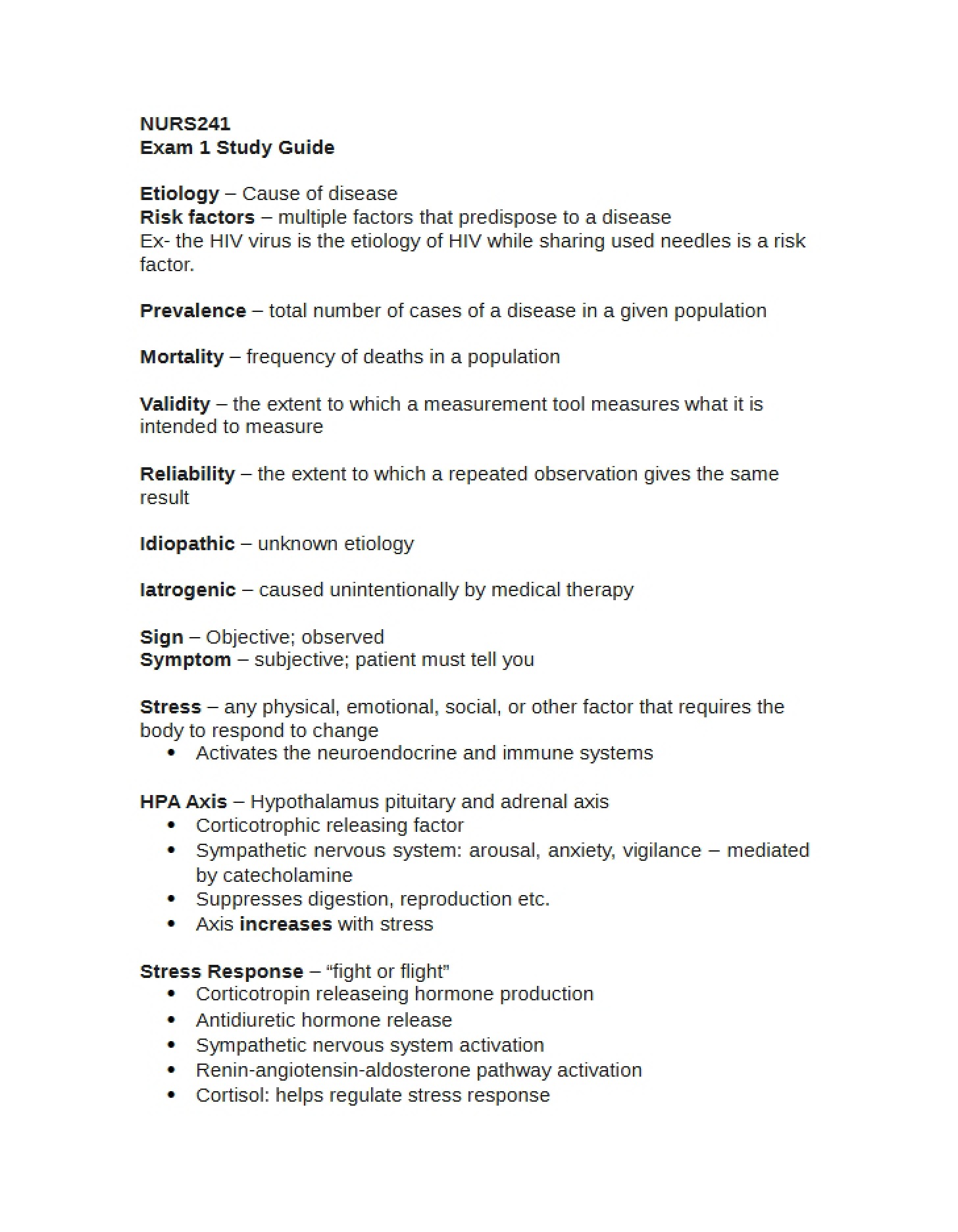 Study Guide for Exam 1