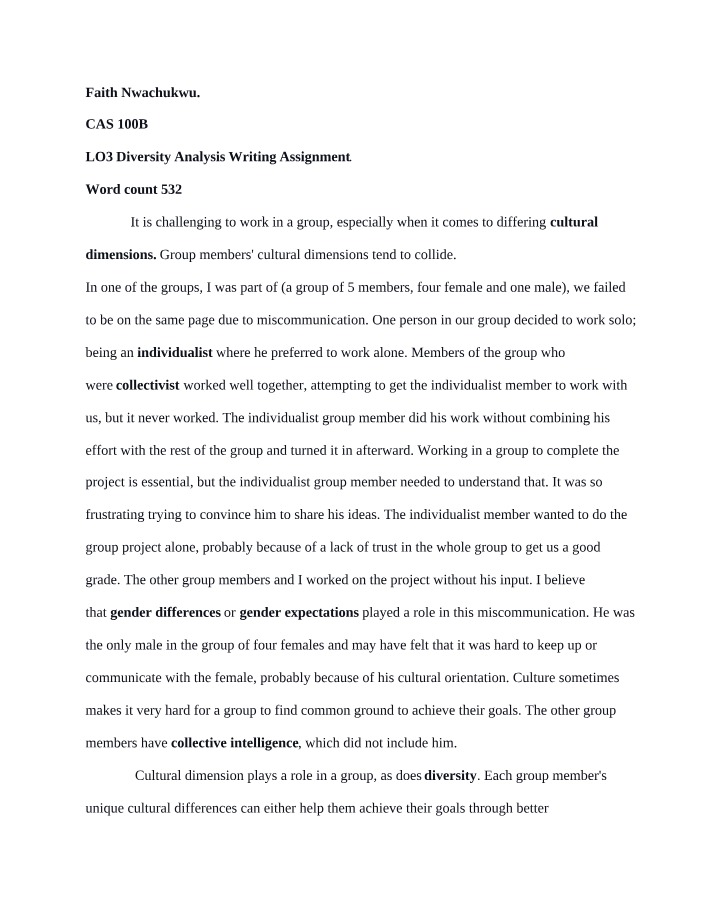 Diversity Analysis - LO3 Writing Assignment