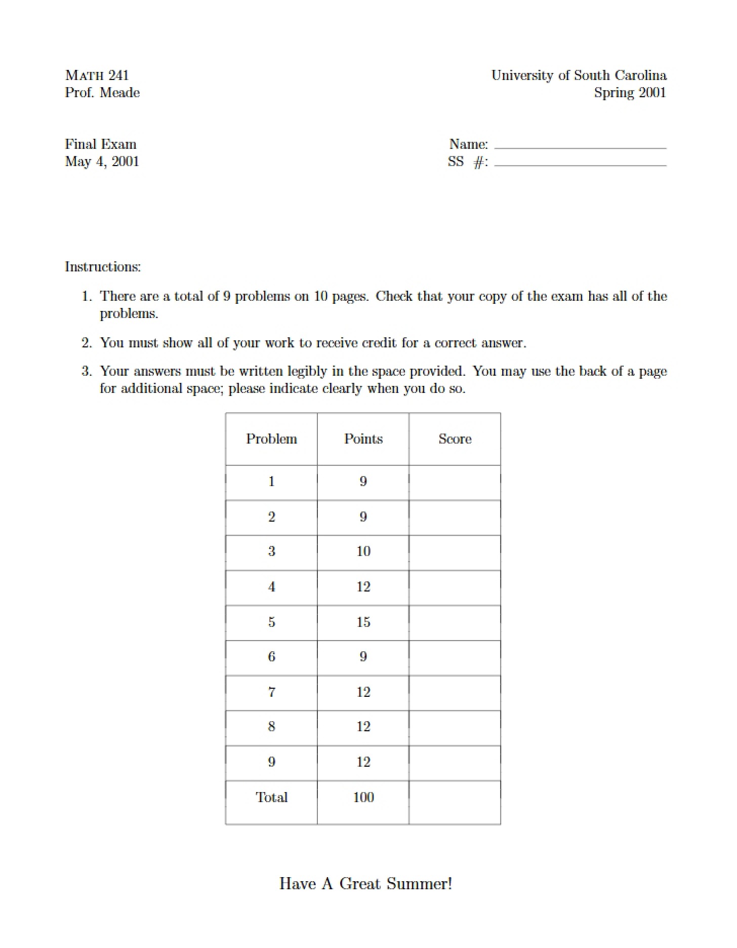 Final Exam for Math 241