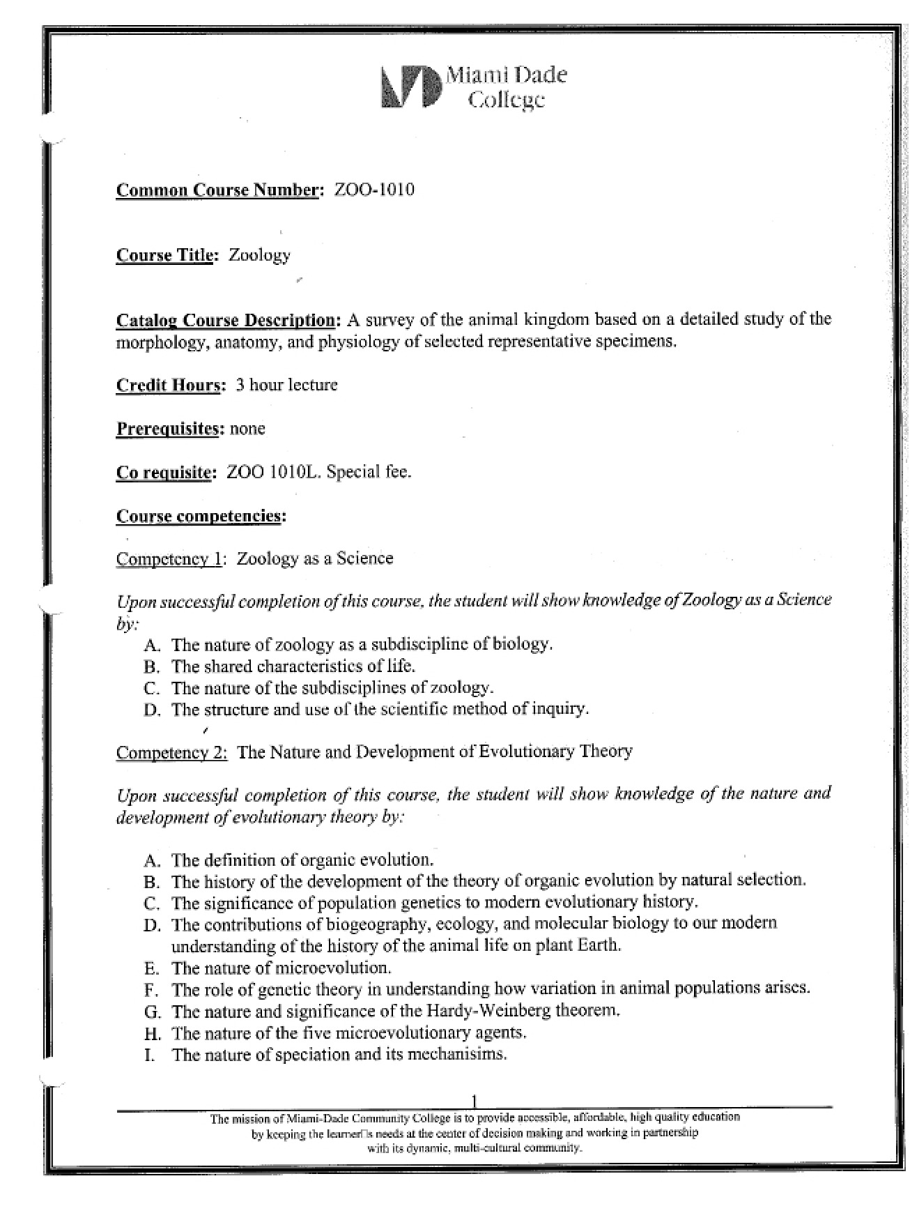 Zoology Competencies