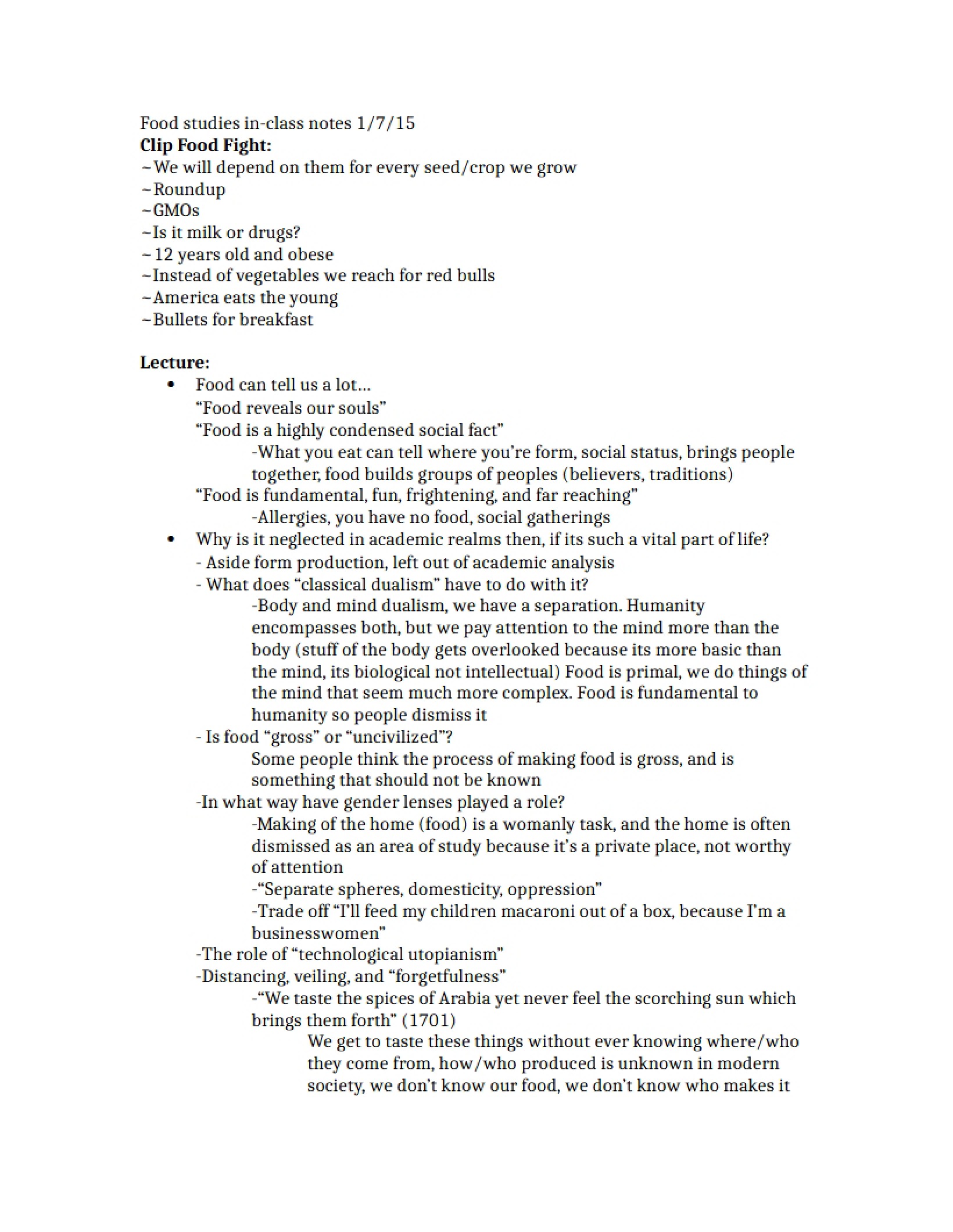 Food Studies Notes (Jan 7, 2015)