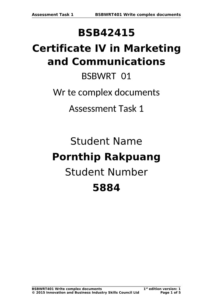 BSBWRT401 Write Complex Documents Assessment Task 1
