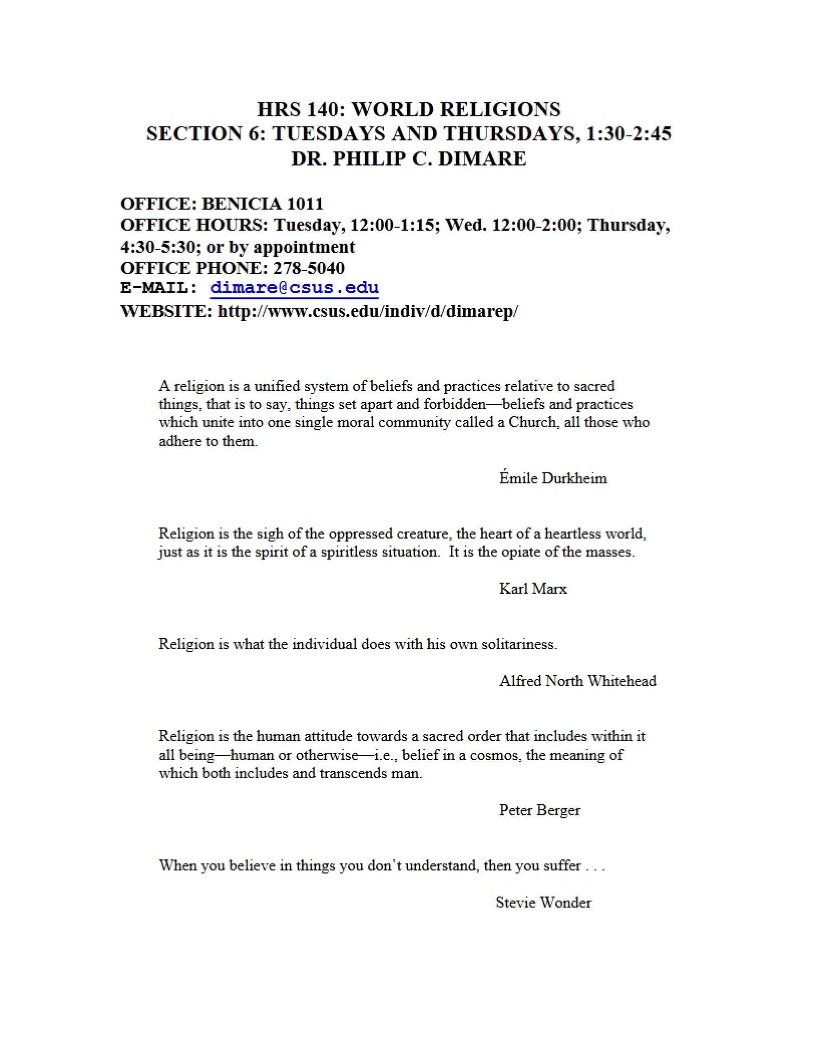 Class Syllabus for World Religions