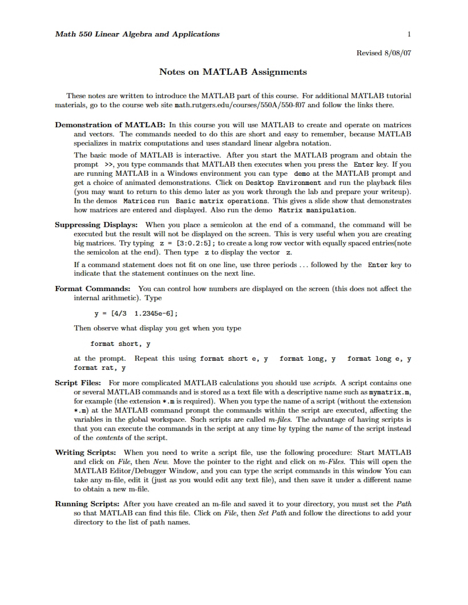 Notes on Assignments for MATLAB