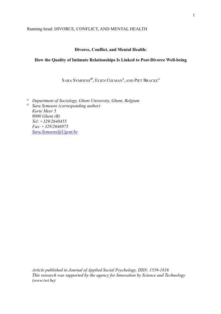 Divorce, Conflict, and Mental Health Bibliography (Symoens et al.)