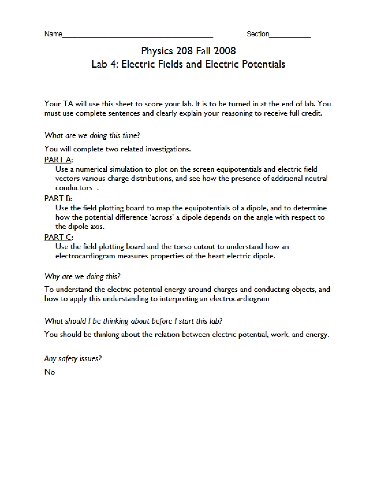 Electric Potentials and Electric Fields (Lab 4)