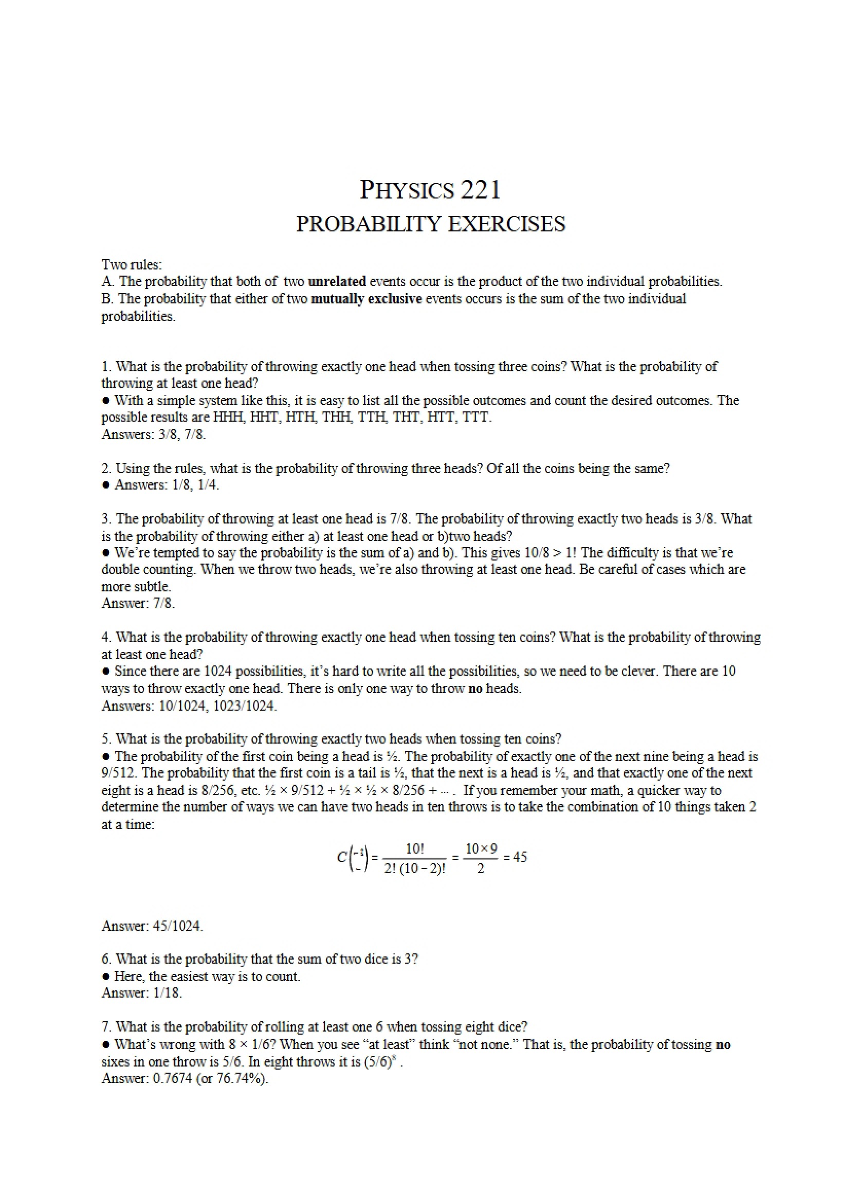 Probability Exercises (Physics 221)