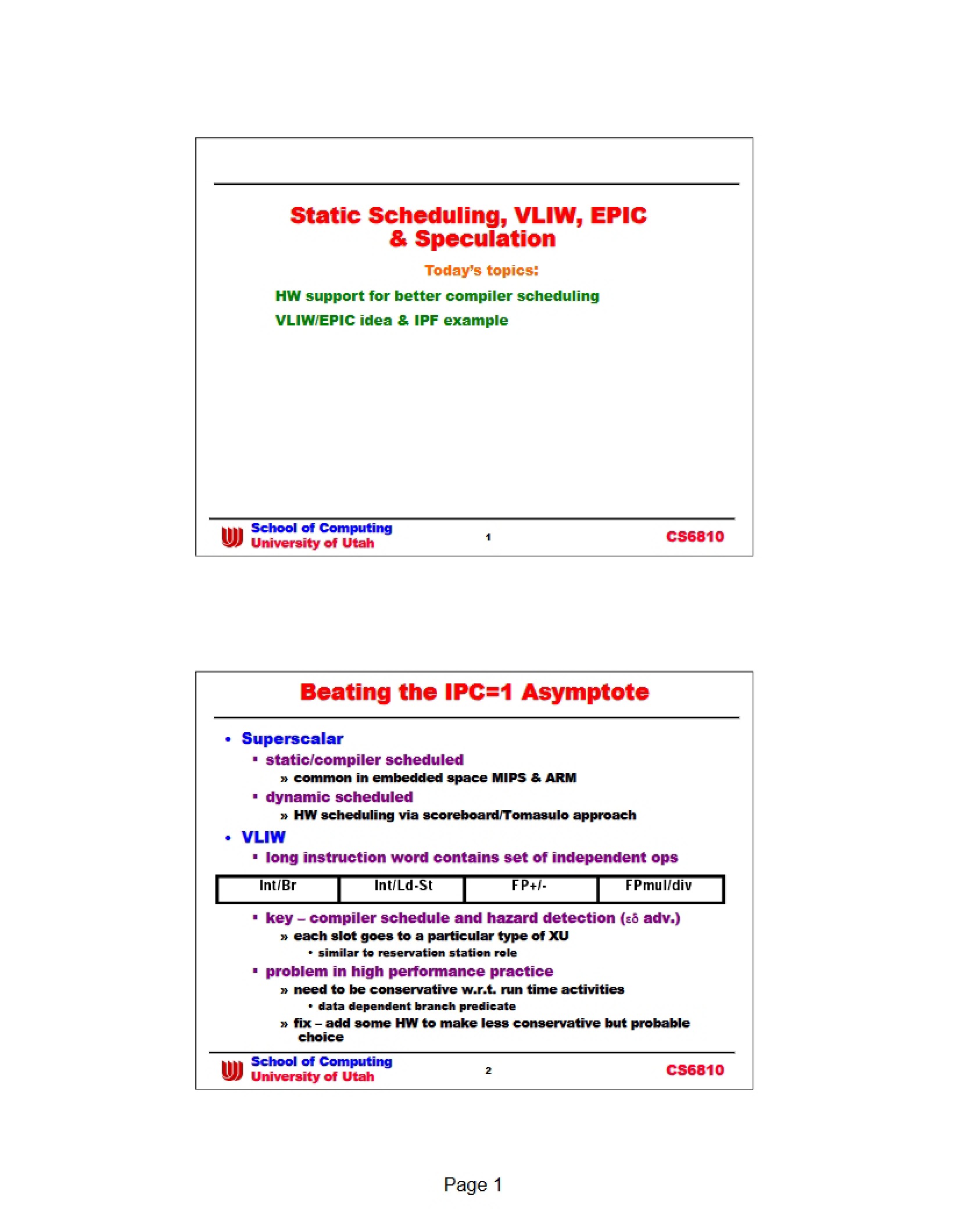 Speculation, VLIW, EPIC, and Static Scheduling