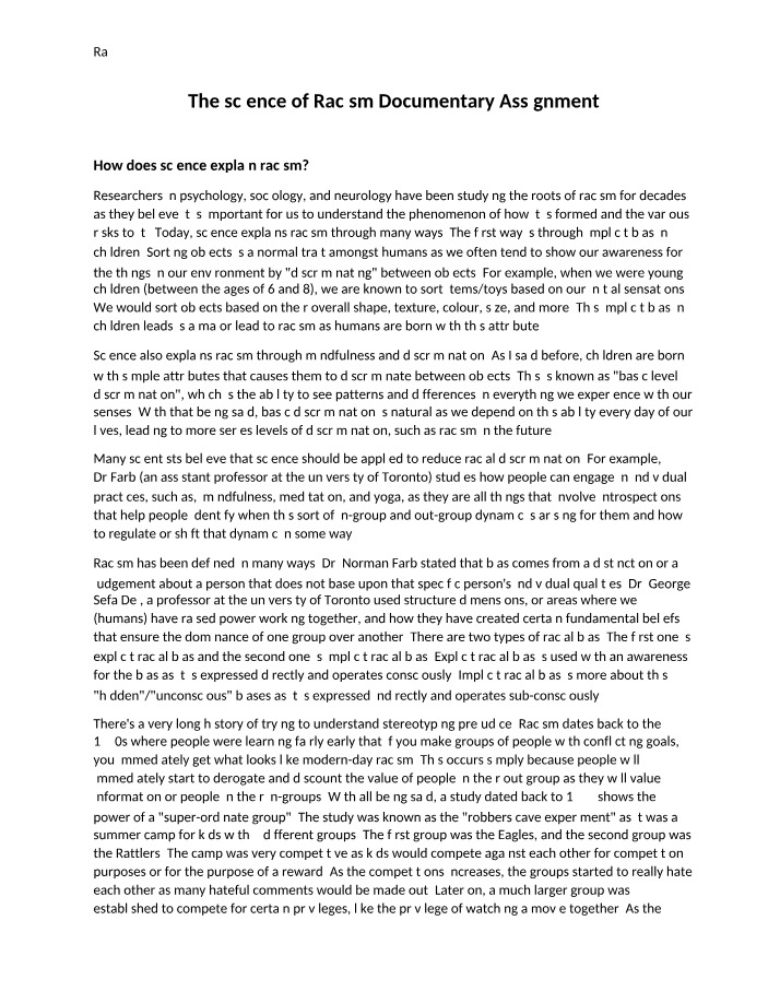 The Science of Racism Documentary Assignment Draft