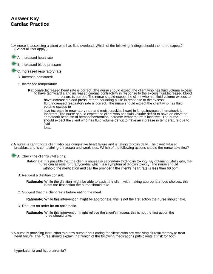 Answer Key for Cardiac Practice