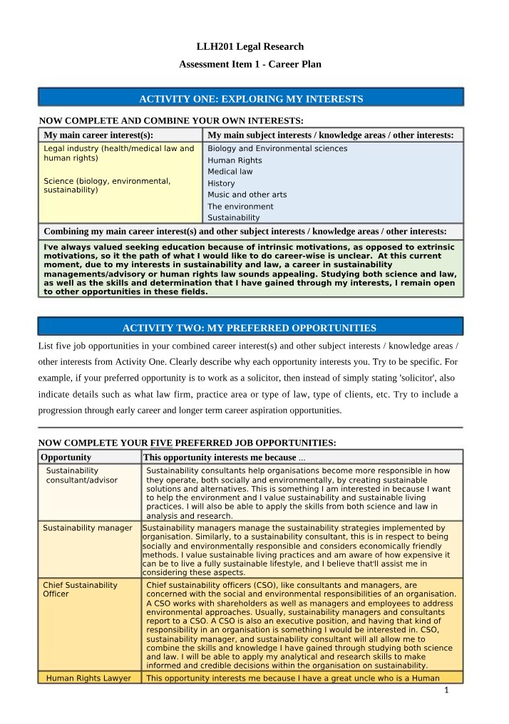 Assessment of Career Plan