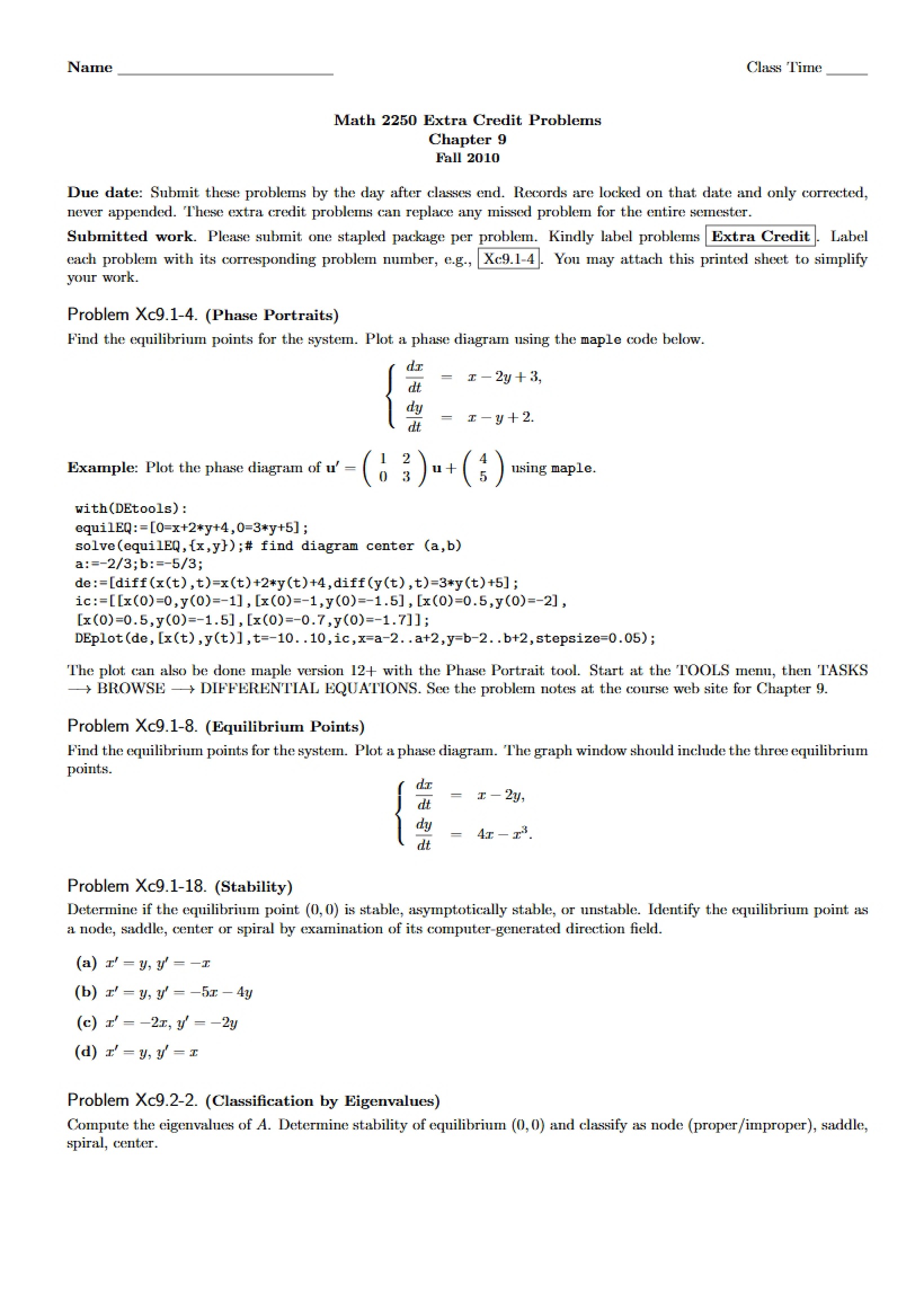 Bonus Questions for Math 2250