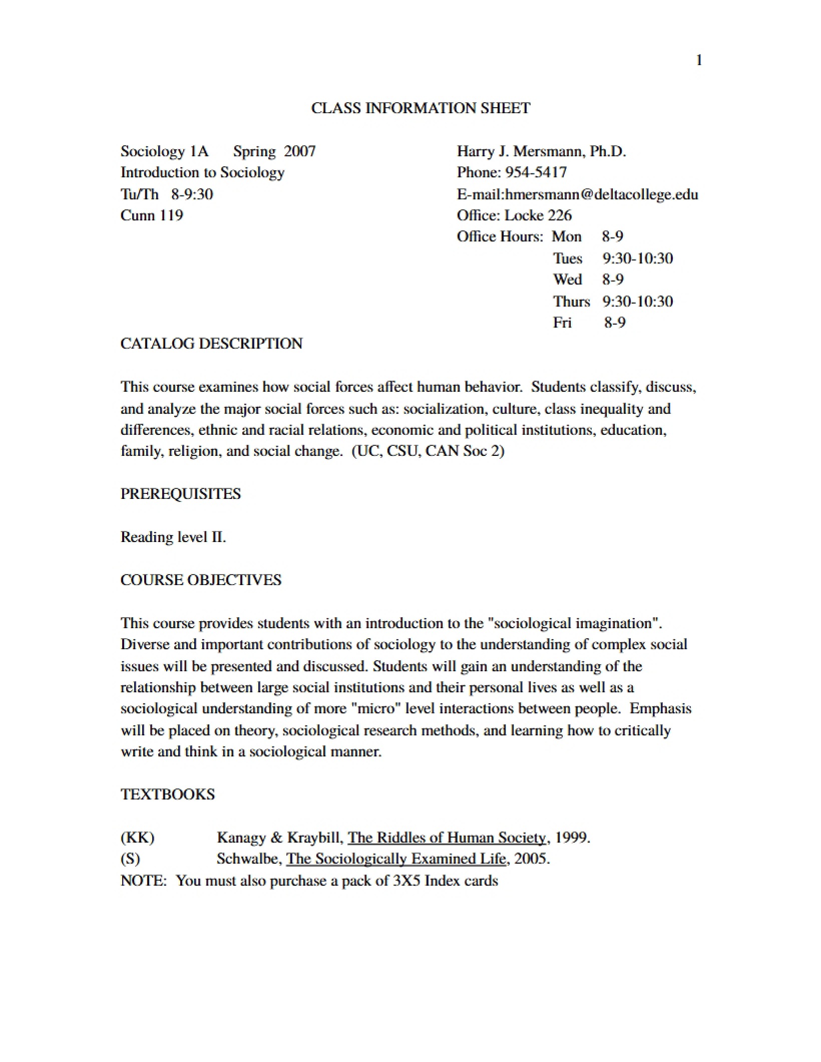 Class Information Sociology 1A