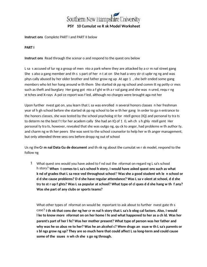 Worksheet on Cumulative Risk Factors