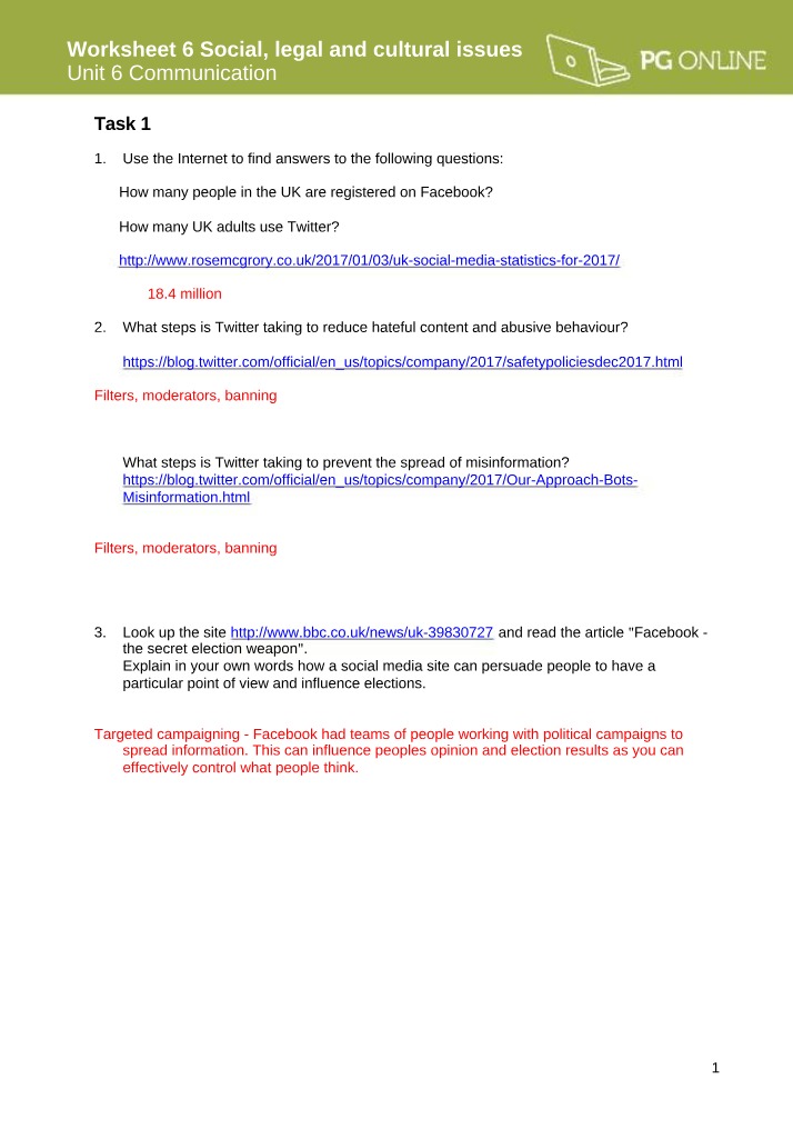 Social, Legal and Cultural Issues - Worksheet 6