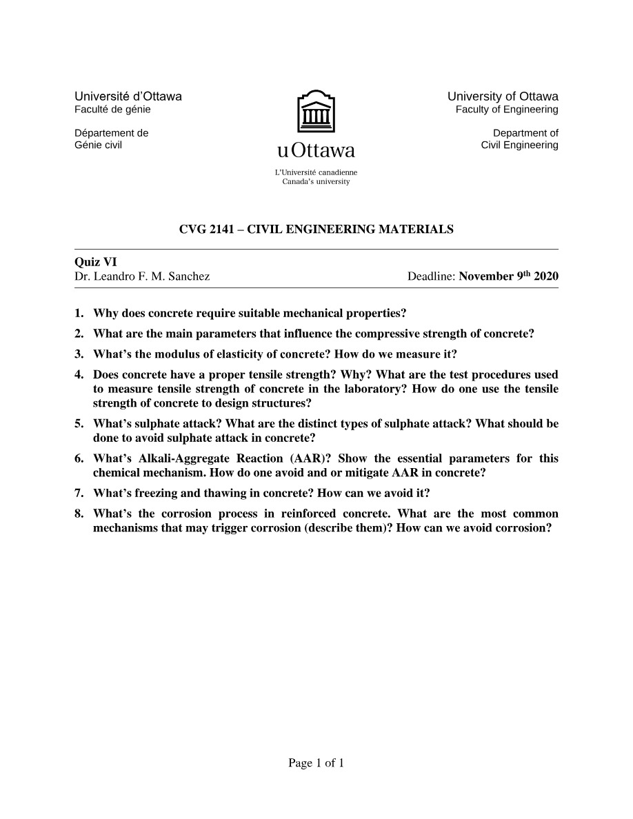 Quiz VI - Civil Engineering Materials