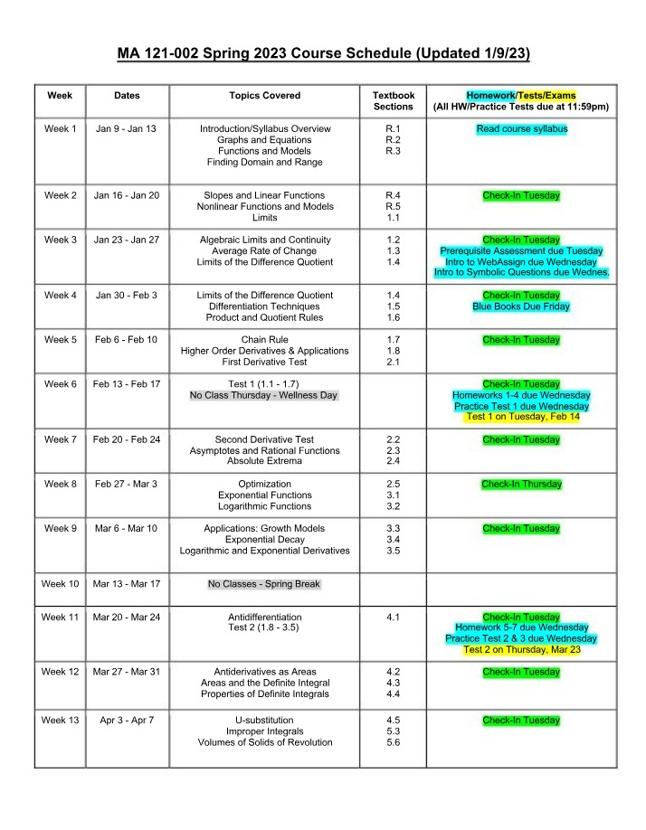 MA 121-002 Spring 2023 Schedule - Topics and Dates