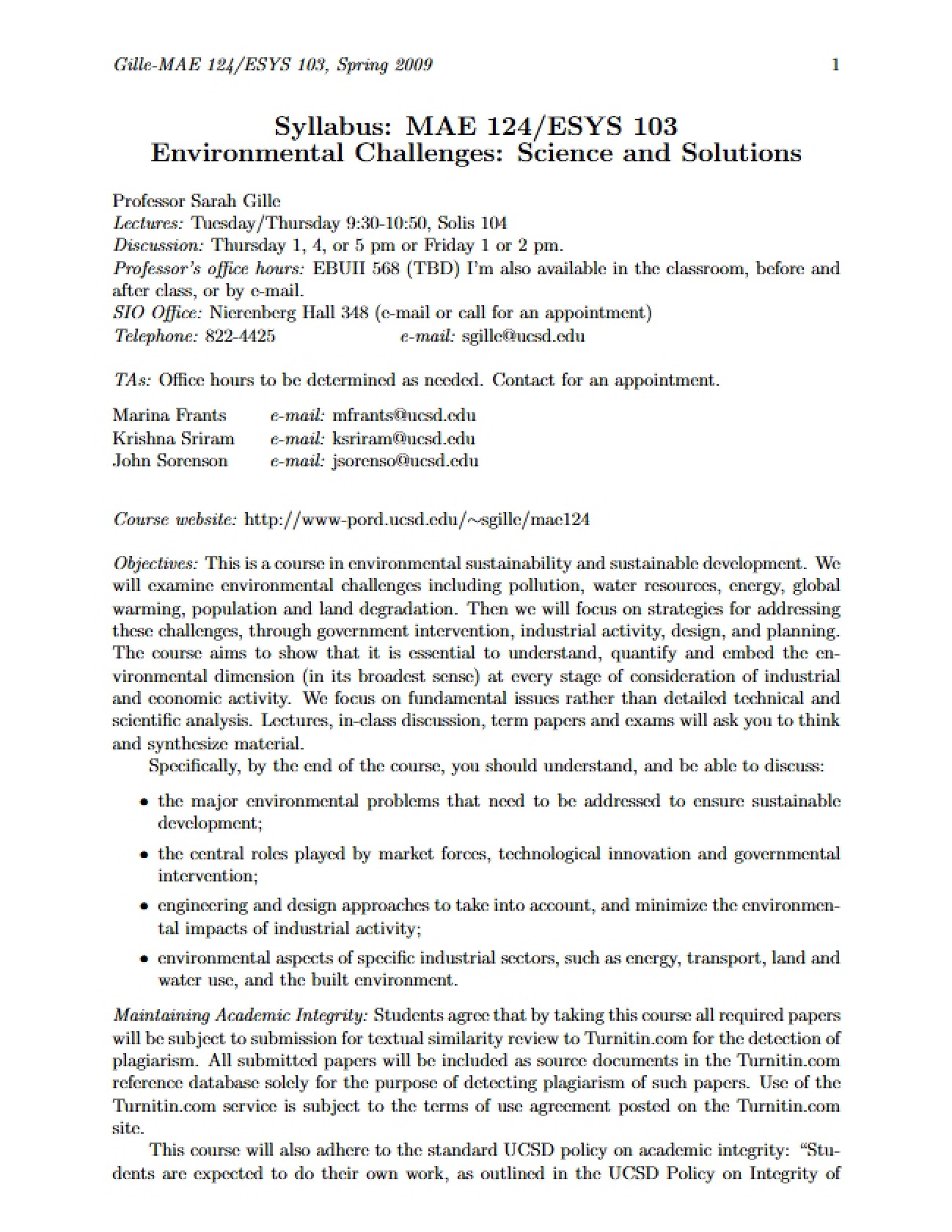 Environmental Challenges Course Syllabus